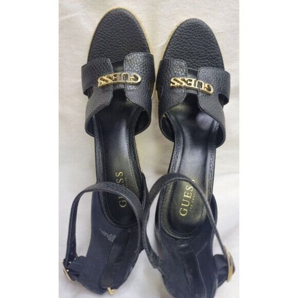 Guess Womens Black Espadrille-Style Wedge Sandals Raffia Sole Gold Logo Sz 10M - Picture 7 of 13